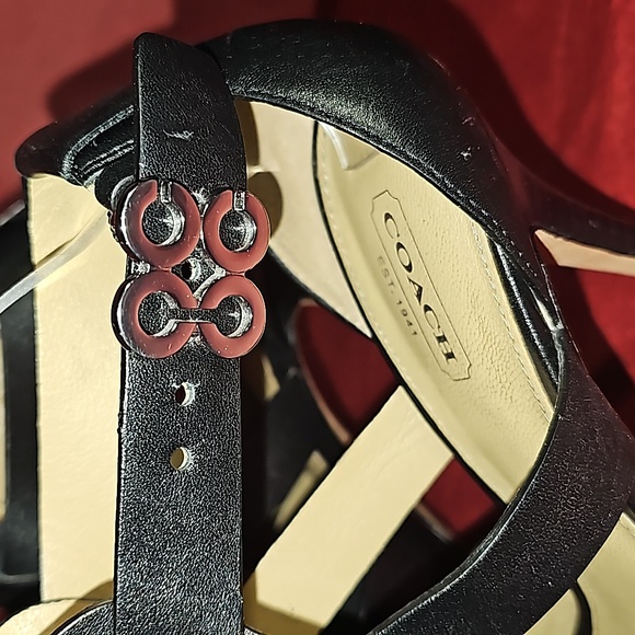Coach MILA calfskin black leather strappy heels silver logo accent Size 8B VGUC - Picture 8 of 12